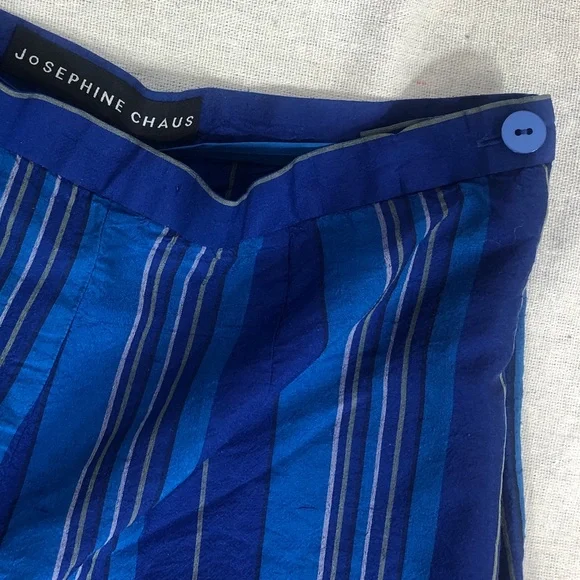 Pure Silk Blue Slimming Vertical Stripe Crop Pant Soft Pants Designer Trousers 6 - Picture 2 of 9